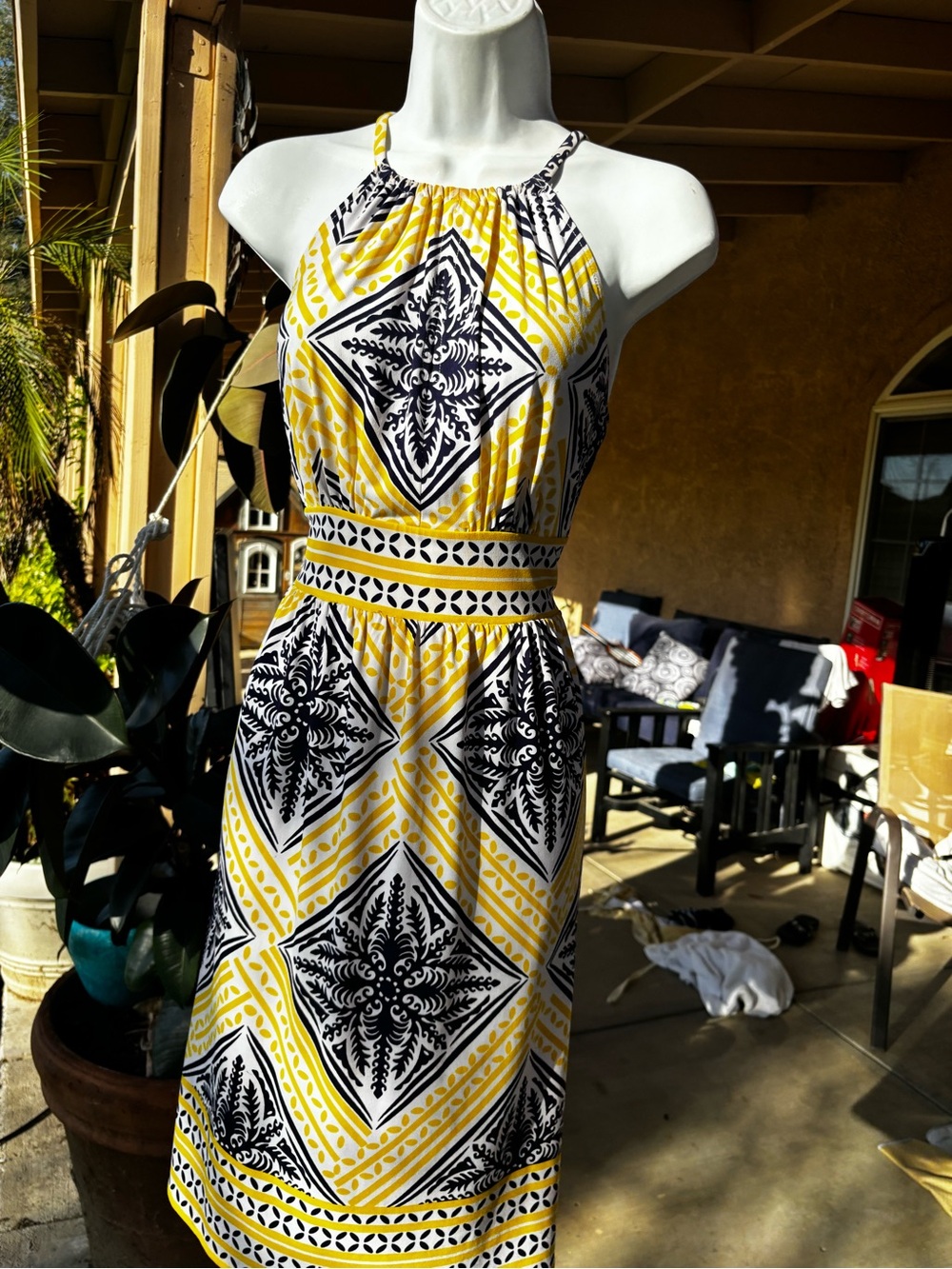 London Times Yellow, Black & White Halter Midi Dress
